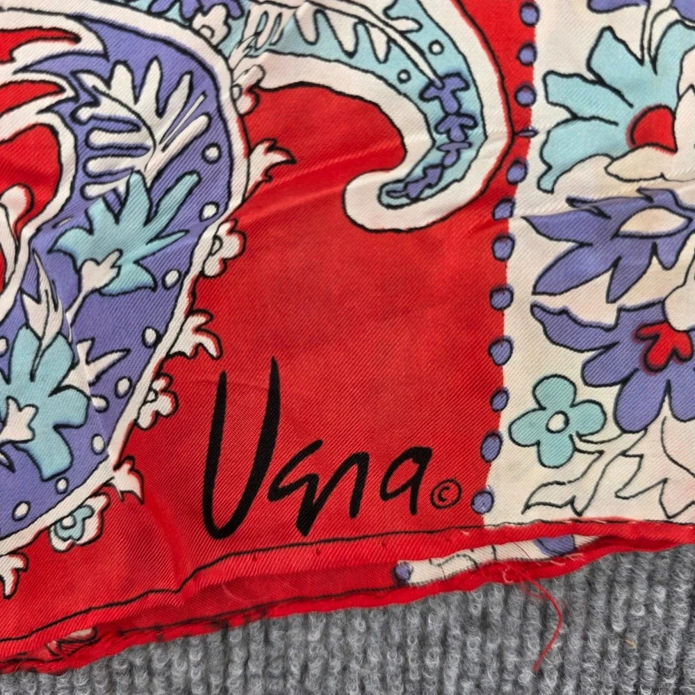 Vintage Vera Neumann Scarf Lot of 2 Red Paisley Oblong & Tan Geometric Square